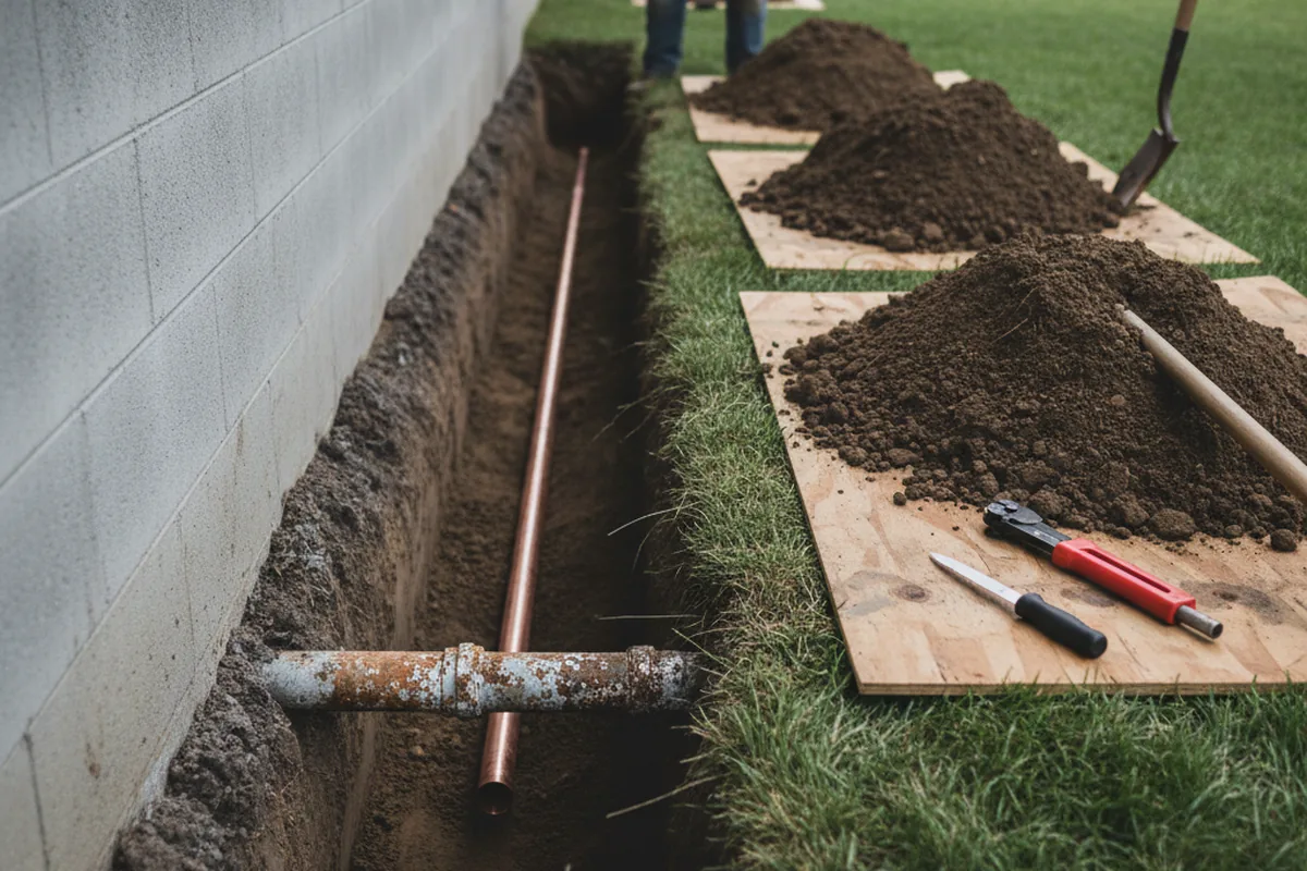 Excavated water line trench during Water Heater Repair in Black Diamond